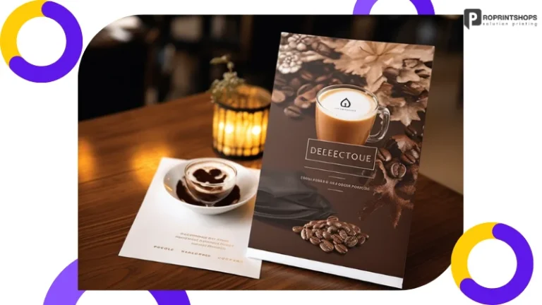 เมนูเครื่องดื่มกาแฟบนโบรชัวร์ที่ตกแต่งอย่างสวยงามพร้อมรูปถ้วยกาแฟในร้านกาแฟ โบรชัวร์ร้านอาหารช่วยเสริมภาพลักษณ์และดึงดูดลูกค้า