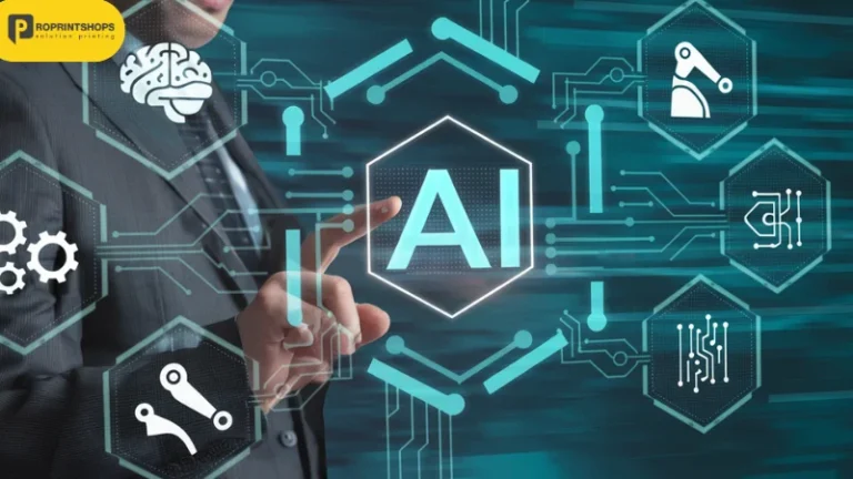 สัญลักษณ์ AI บนหน้าจอพร้อมไอคอนเทคโนโลยีรอบๆ การใช้เทคโนโลยีปัญญาประดิษฐ์ในงานธุรกิจ