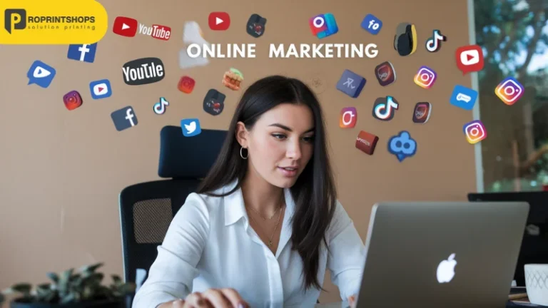 หญิงสาวกำลังทำงานที่โต๊ะในออฟฟิศ พร้อมสัญลักษณ์โลโก้โซเชียลมีเดียต่างๆ ลอยอยู่รอบตัว แสดงถึงการทำการตลาดออนไลน์