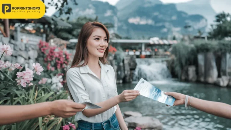 หญิงสาวยืนแจกใบปลิวให้กับนักท่องเที่ยว ในบรรยากาศธรรมชาติที่มีดอกไม้และน้ำตกไหลสวยงาม