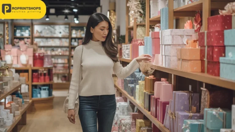 ผู้หญิงเอเชียกำลังเดินดูของขวัญและกล่องหลากสีในร้านขายของ